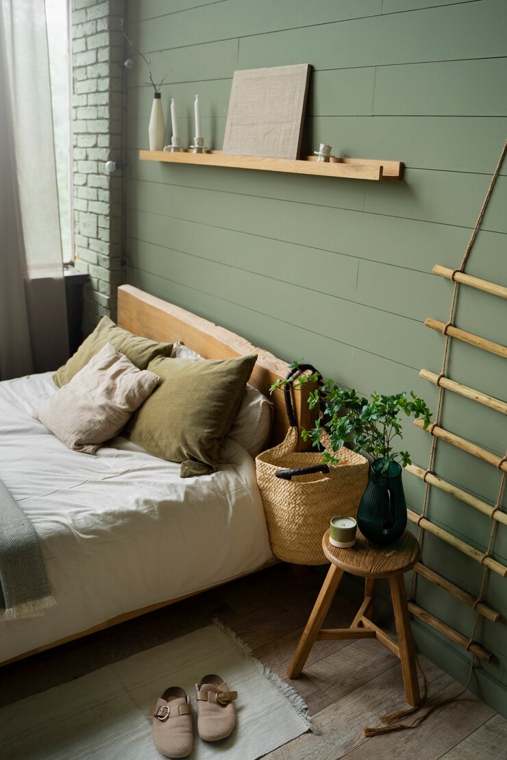 A bedroom with sea-foam green accents